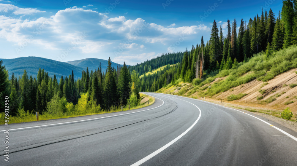 Lone mountain road spreading out into the distance showing perspective against a lush green landscape