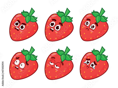 Set of cute whole strawberries with facial expressions. Whole strawberry with angry, surprised, sad, scared, serious, and crying expressions.
