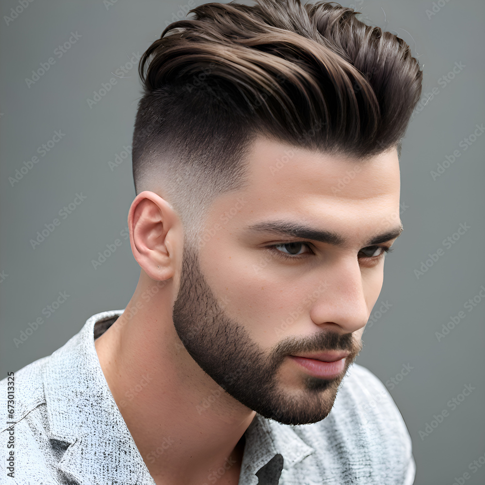 Obraz premium Man with long top short sides haircut on gray background