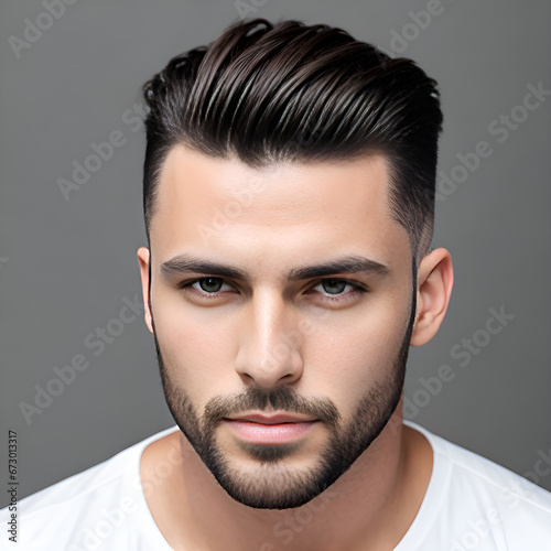 Man with short slicked back haircut on gray background photo