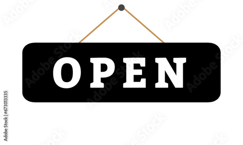 open sign board icon design black signboard white text brown string isolated on white and transparent background png. for shop restaurant door business sign vector illustration