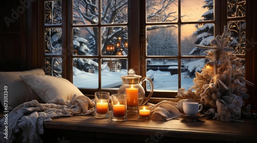AI generated illustration of a cozy interior with candles on a windowsill in winter
