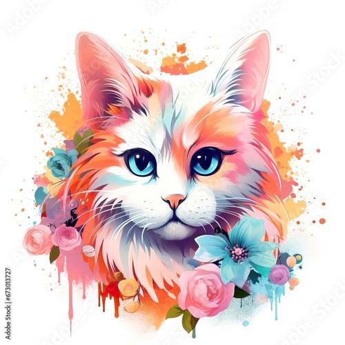 Colorful Illustrated Kitten with Floral Accents © Judeah Stock