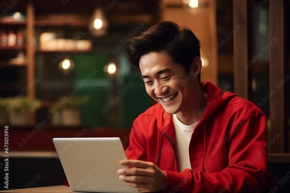 Man in stylish casual clothes using smartphone and laptop for electronic transactions, booking, online shopping. and pay while spending time at the coffee shop Man in stylish casual clothes using smartphone and laptop for electronic transactions, booking, online shopping. and pay while spending time at the coffee shop