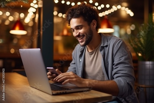 Man in stylish casual clothes using smartphone and laptop for electronic transactions, booking, online shopping. and pay while spending time at the coffee shop photo