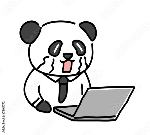 PCの前で泣いているパンダの男性会社員