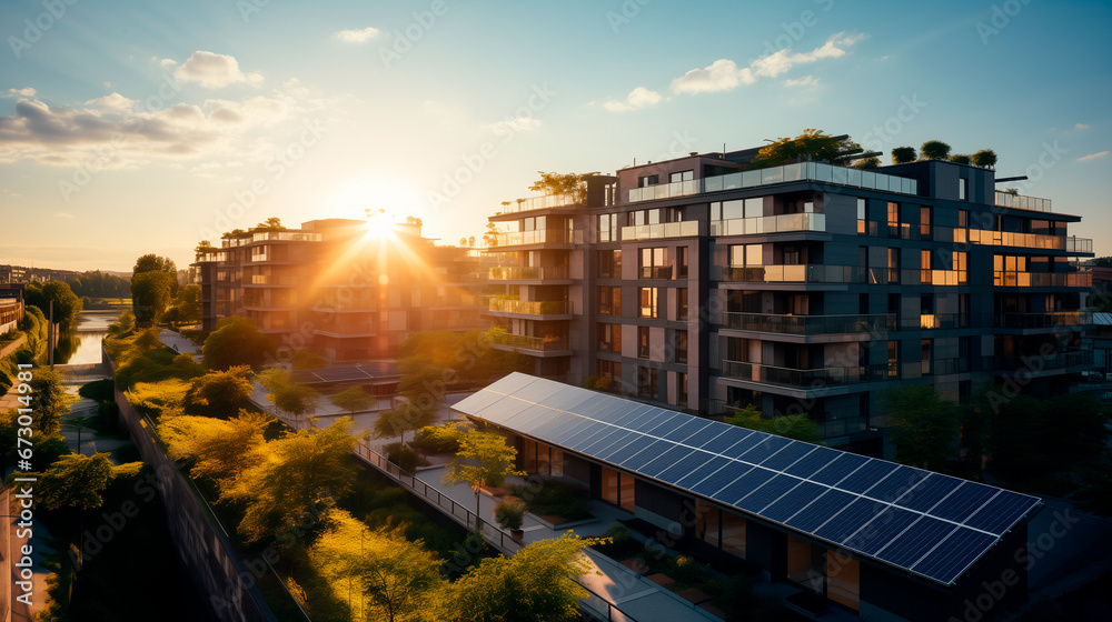 Obraz premium Paneles solares y edificios en una zona residencial, vista aérea