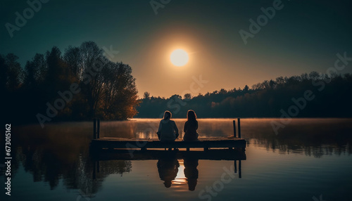 Silhouette couple sitting on jetty at sunset generated by AI