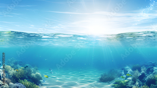 Elegance in Underwater: The Artistry of Water and Sky,Ocean View Underwater Images ,coral reef in the blue sea,AI Generative  © Aleey