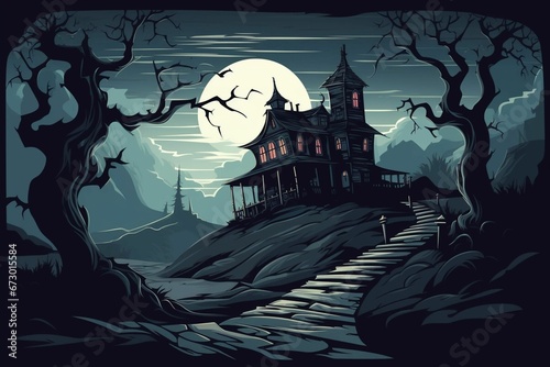 AI generated illustration of a Halloween-themed spooky house
