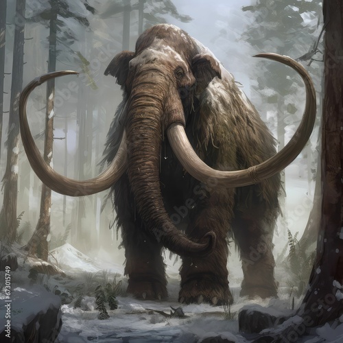 AI generated illustration of a majestic woolly mammoth strolling through a lush forest
