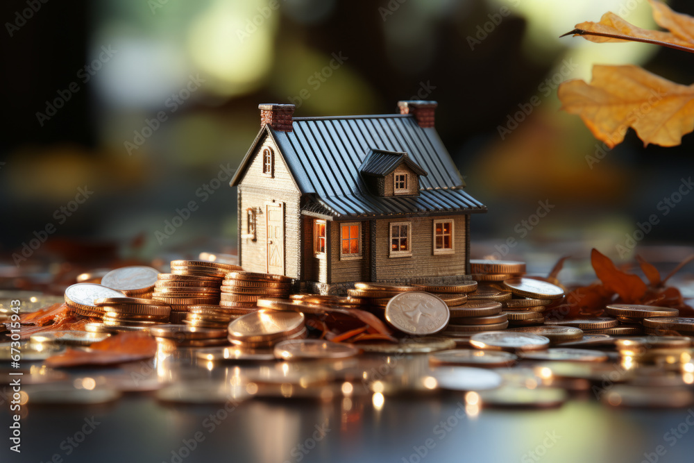 3D house surrounded by golden coins. Wealth and prosperity concept. 3D house surrounded by golden coins. Wealth and prosperity concept.