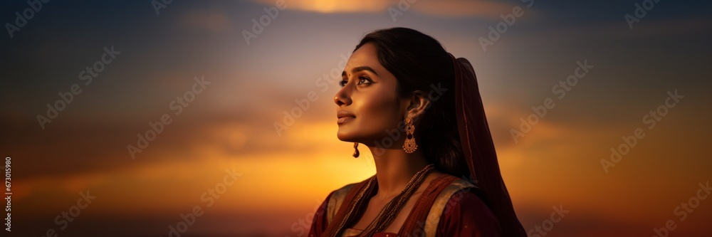Indian woman looking at sunset sky Indian woman looking at sunset sky