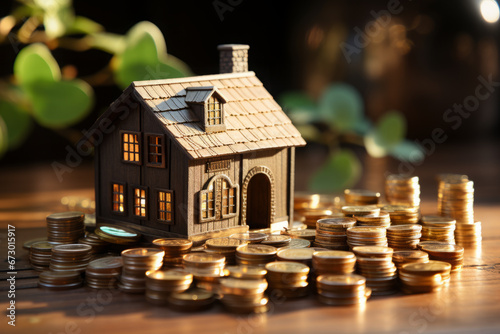 3D house surrounded by golden coins. Wealth and prosperity concept. Copy space