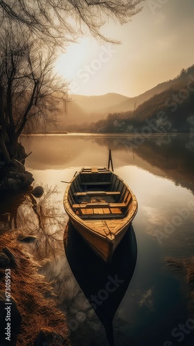 AI generated illustration of a small motorboat in a peaceful lake, illuminated by the warm light