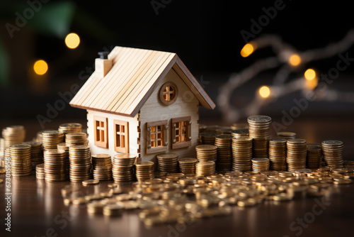 3D house surrounded by golden coins. Wealth and prosperity concept.