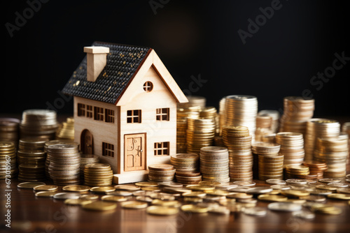 3D house surrounded by golden coins. Wealth and prosperity concept.