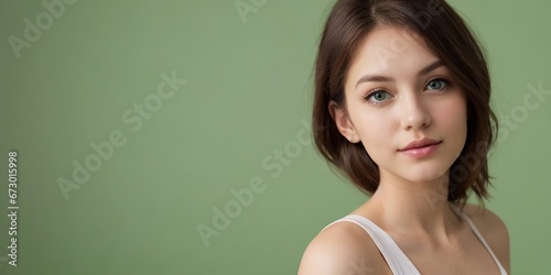 Beautiful American woman wearing white panties with a light green background. Empty background with copy space. photo
