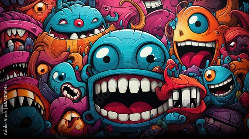 AI generated illustration of a mural with a variety of colorful cartoon-style monsters