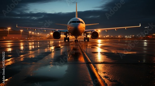 AI generated illustration of an airplane on a runway under a night sky illuminated by lights