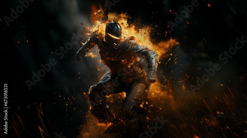 AI generated illustration of a knight in medieval armor aflame in a dramatic pose