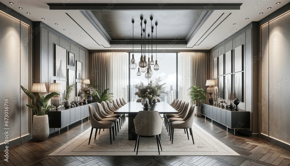 Fototapeta premium Luxurious Modern Dining Room Interior with City View