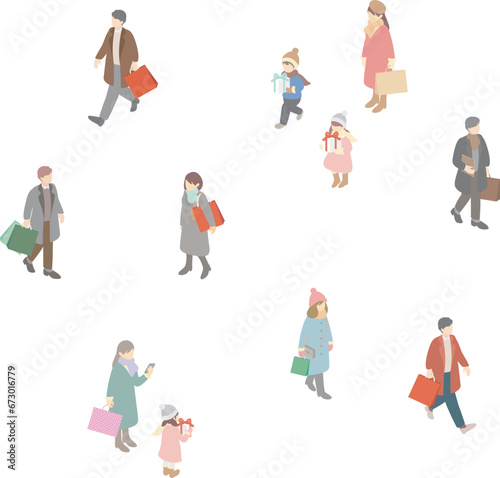 アイソメトリック　セール　買物　人物　家族　ファミリー　男性　女性　子供　キッズ　イラスト素材セット
