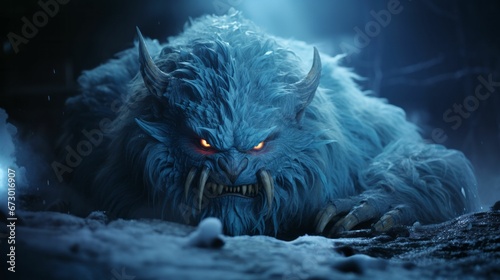 AI generated illustration of an intimidating blue beast monster with its teeth bared photo