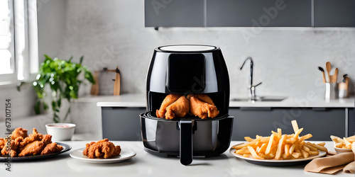 Air fryer cooking machine and french fries, fried chicken on table in the bright kitchen. photo