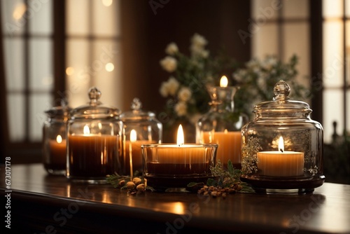 Set of various aromatherapy candles in brown glass bottles. Aromatherapy and relaxation in spa and at home  still life concept.