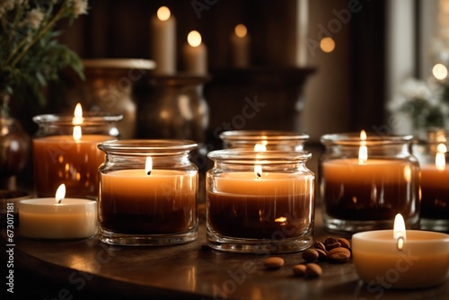 Set of various aromatherapy candles in brown glass bottles. Aromatherapy and relaxation in spa and at home, still life concept.