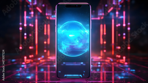 Futuristic 3D hologram mobile phone with abstract digital user interface technology hangs in the air  showcasing a realistic phone with a blank screen in a perspective view 