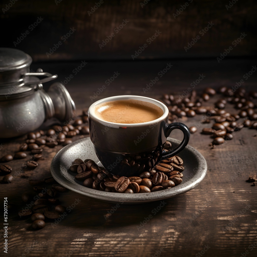 AI generated illustration of a cup and saucer with coffee on a rustic table with coffee beans AI generated illustration of a cup and saucer with coffee on a rustic table with coffee beans