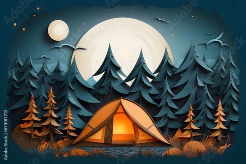 Night camping paper cut art, outdoor activity