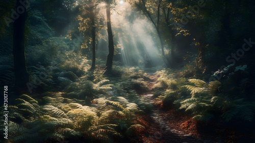 Magical forest filled with glowing foliage  mystic atmosphere in the undergrowth  luminous effects amidst lush vegetation.