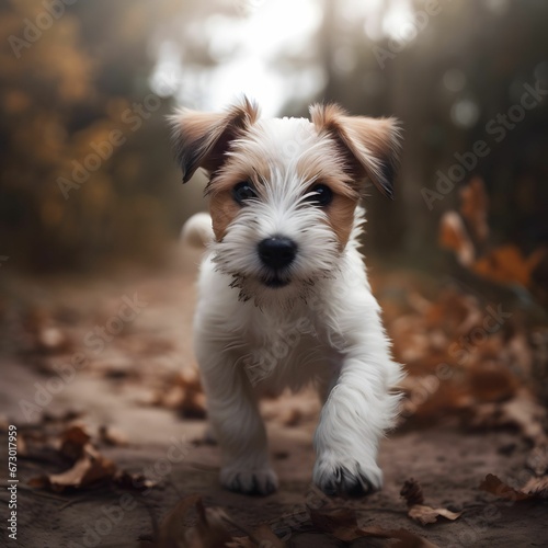 AI generated illustration of an adorable little puppy running through a park