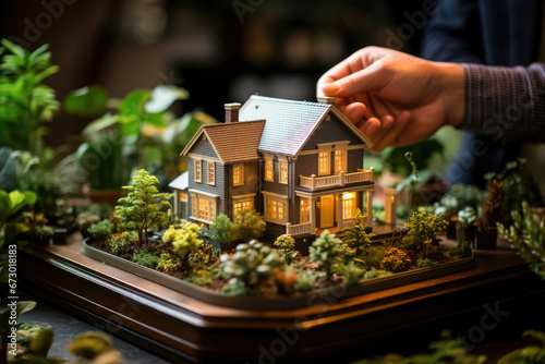 A hand carefully places the roof on a detailed miniature house surrounded by a crafted garden, showcasing a model home in a lush setting. photo