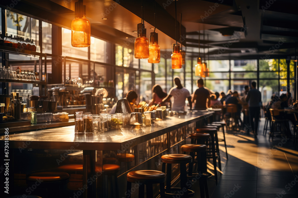 Warm evening light bathes a modern restaurant and bar, where patrons enjoy casual dining and socializing in an inviting urban setting. - obrazy, fototapety, plakaty 