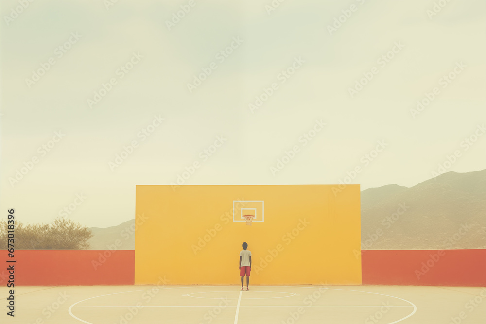 painting of man on basketball court from long distance, muted palette