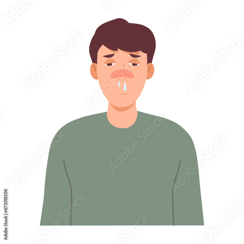 Sad man sick with fever and flu. Vector icon of sneezing with runny nose. Symptoms of coronavirus disease or allergy. Vector illustration