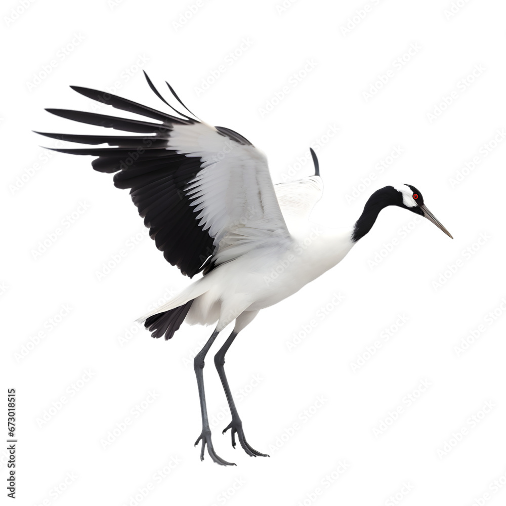 side view, beautiful red crowned crane in the posture of flying against transparent background. The ritual marriage dance. side view, beautiful red crowned crane in the posture of flying against transparent background. The ritual marriage dance.