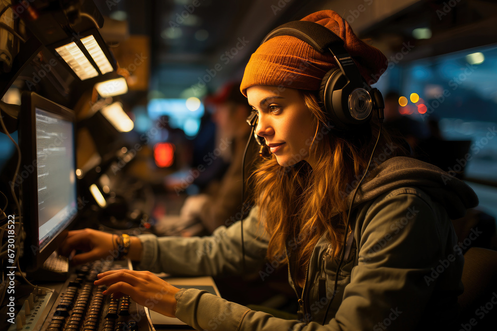 Focused female air traffic controller working with advanced technology and communication equipment during a night shift at an airport control tower. Focused female air traffic controller working with advanced technology and communication equipment during a night shift at an airport control tower.