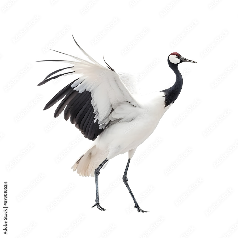 side view, red crowned crane dancing against transparent background. The ritual marriage dance. 