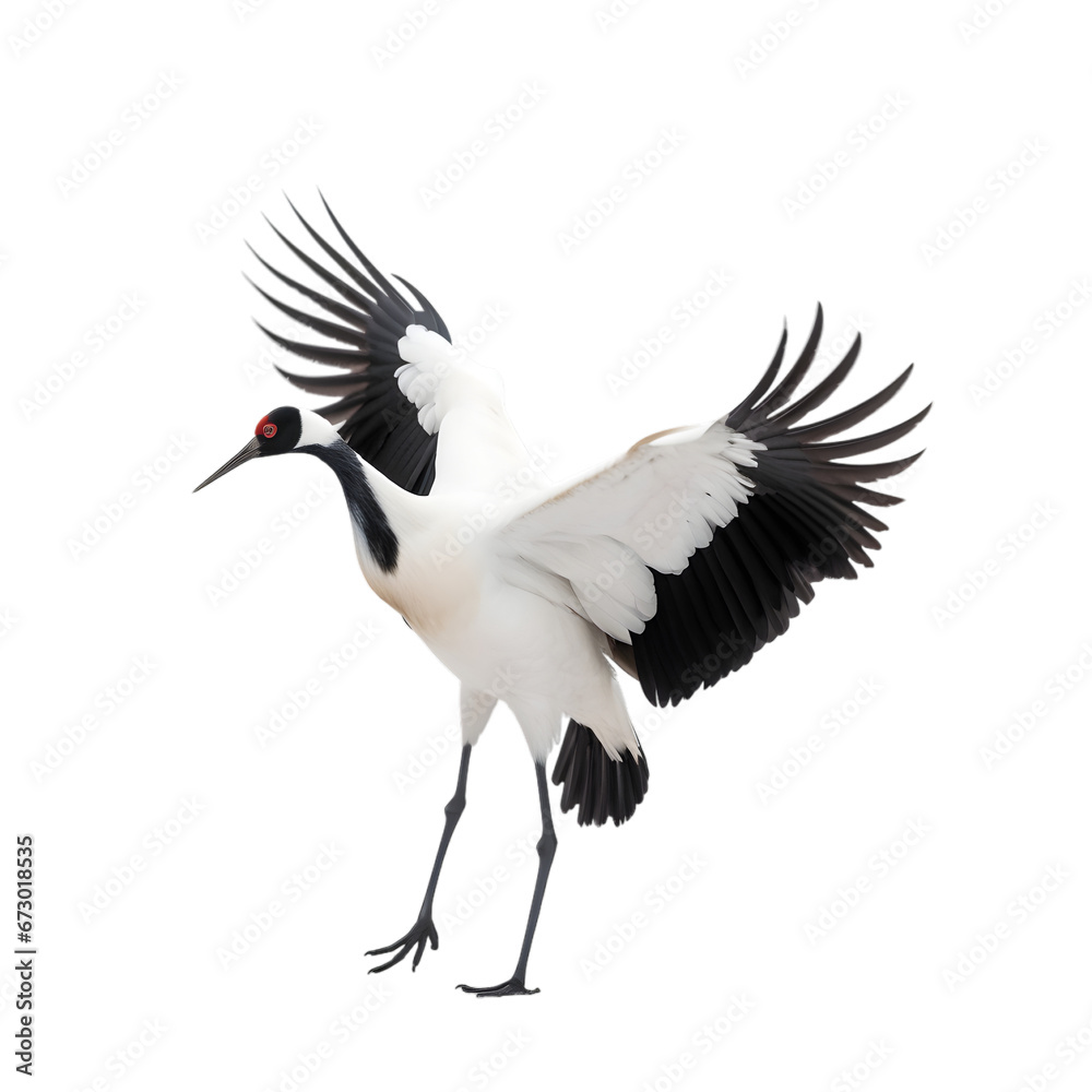 Fototapeta premium side view, dancing red crowned crane. The ritual marriage dance. Isolated on transparent background. 