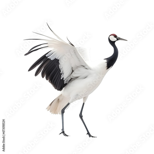 side view, red crowned crane dancing against transparent background. The ritual marriage dance.  © Naige