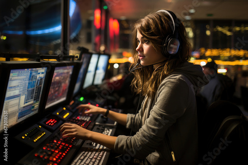 Focused female air traffic controller with headset working at her station among glowing screens at night. photo