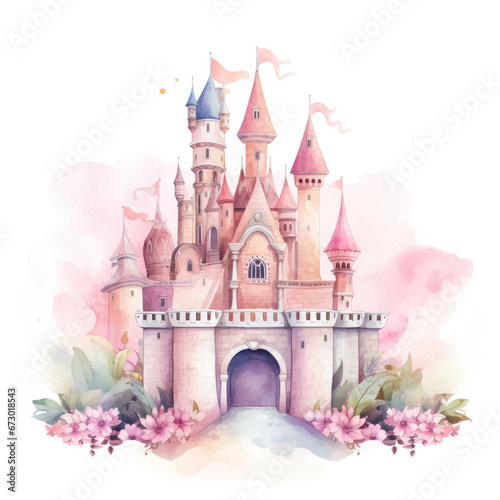 Cute watercolor princess castle Illustration, Generative Ai