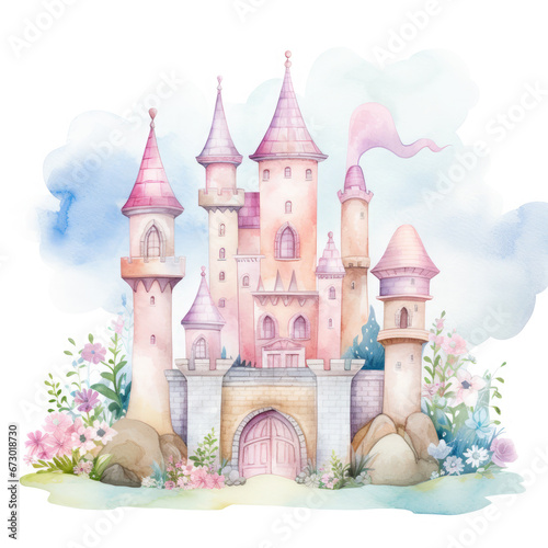 Cute watercolor princess castle Illustration, Generative Ai