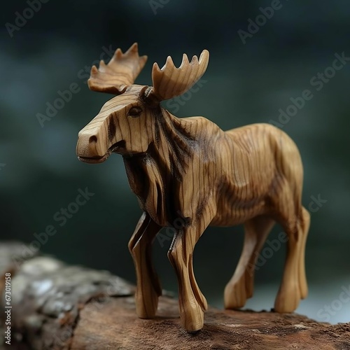 AI generated illustration of an adorable stuffed moose toy on a wooden log