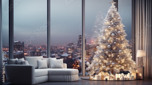 Christmas, white modern living room, night city outside the window. Modern interior design